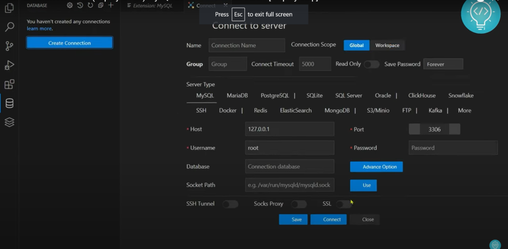 Create mysql connection vscode