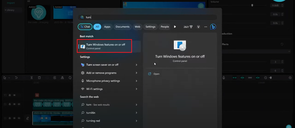 Turn windows features on or off