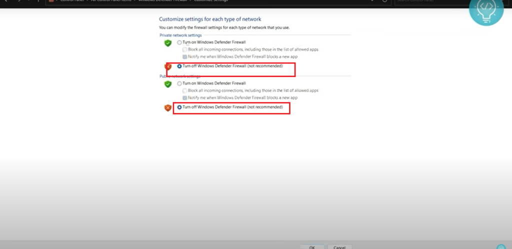  Turn off windows defender firewall 