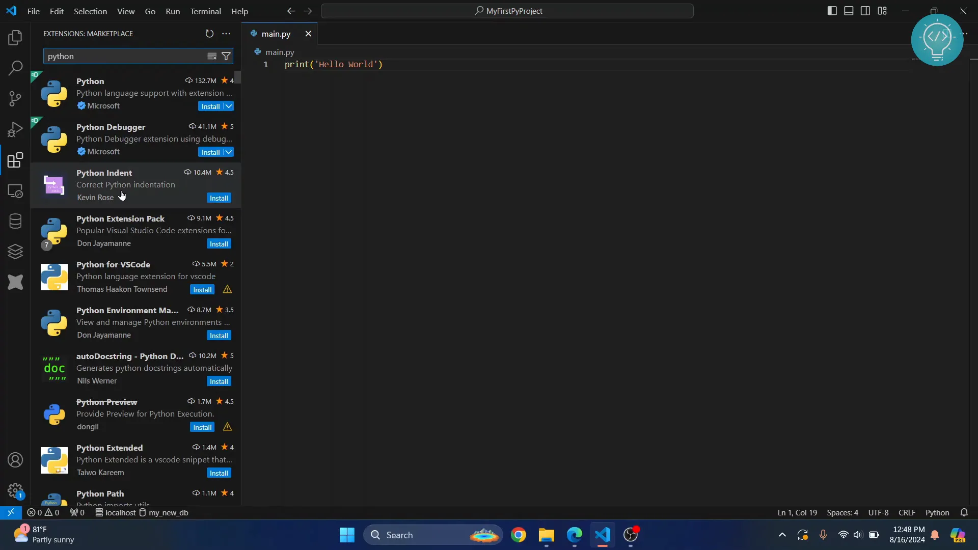 Installing Python extension in VS Code