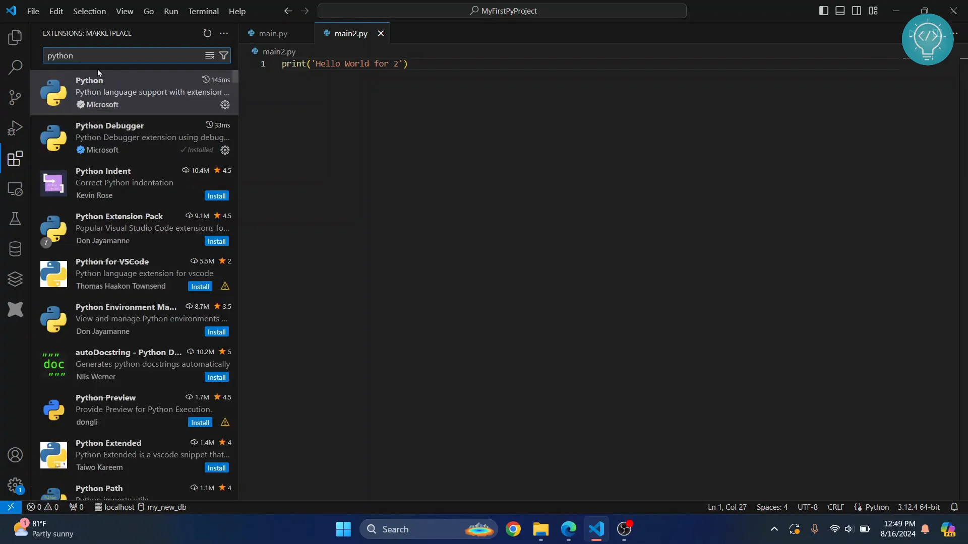 Using the run button in VS Code